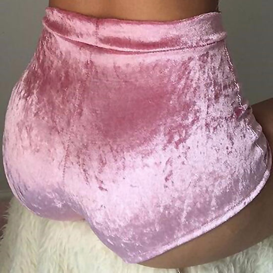 Image Title Pink Shiny High-Waist Velvet Booty Shorts - Back